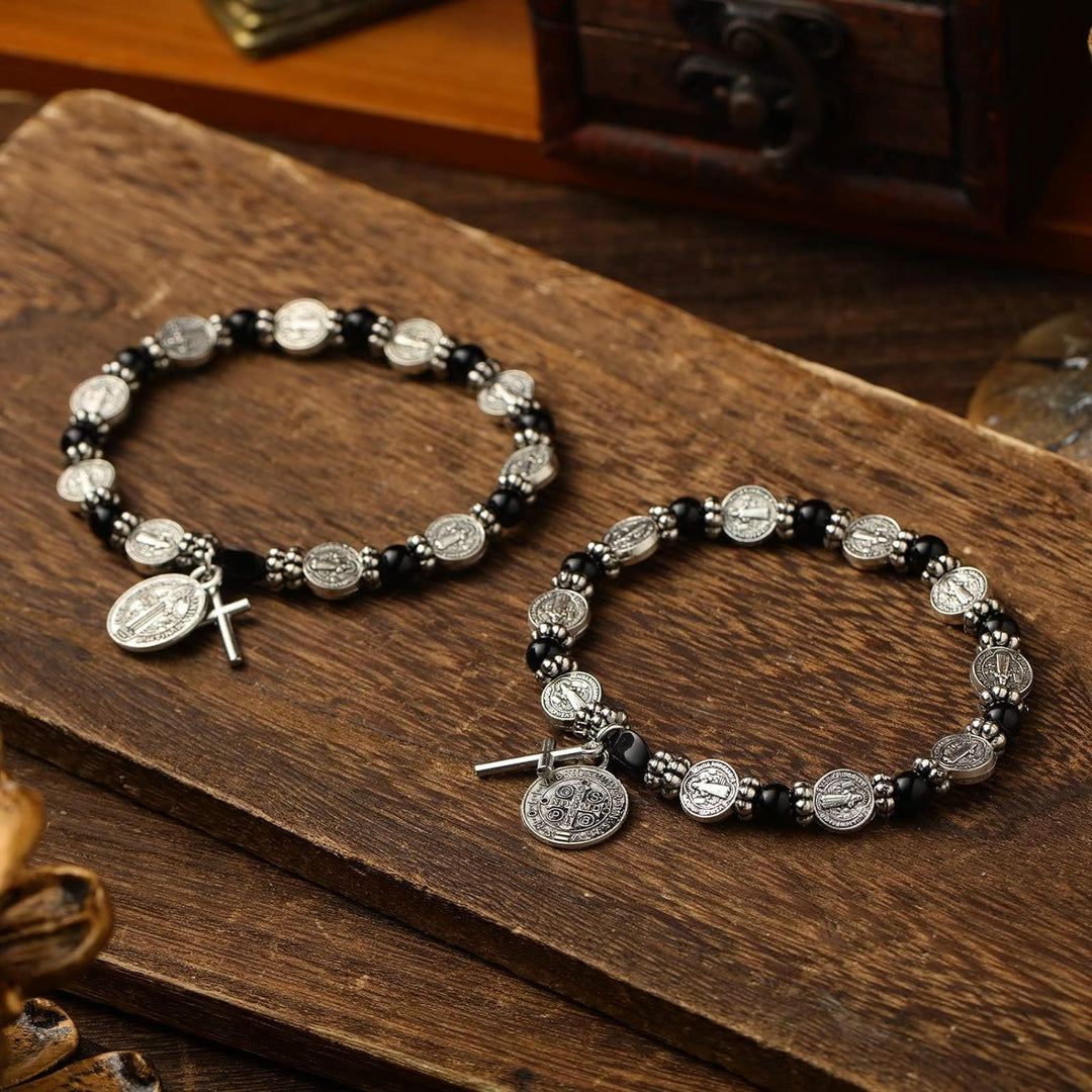 Bracelet chapelet avec médaille de Saint Benoît en argent de Christianartworkshop - Noir - image 0