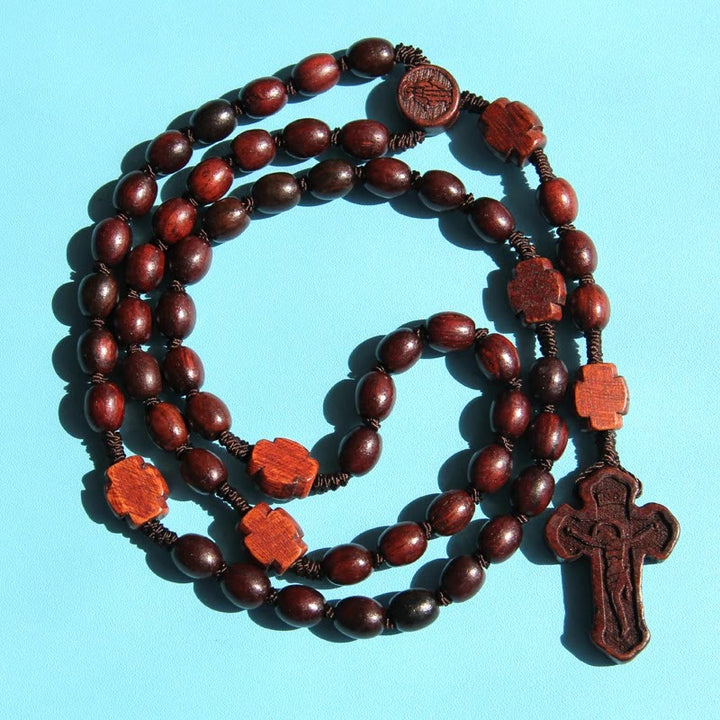 Chapelet en bois de rose avec croix chrétienne fabriquée à la main - image 1