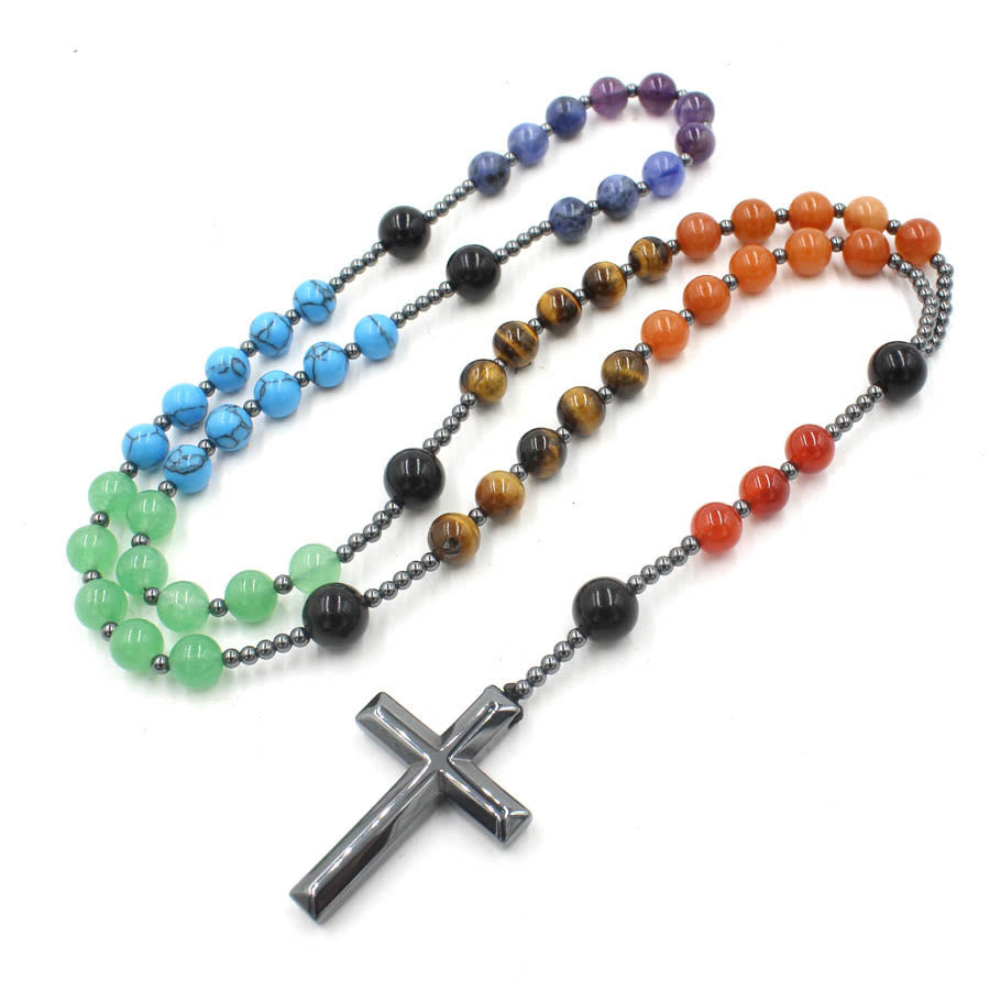 Croix d'hématite chrétienne religieuse à sept pierres - image 2