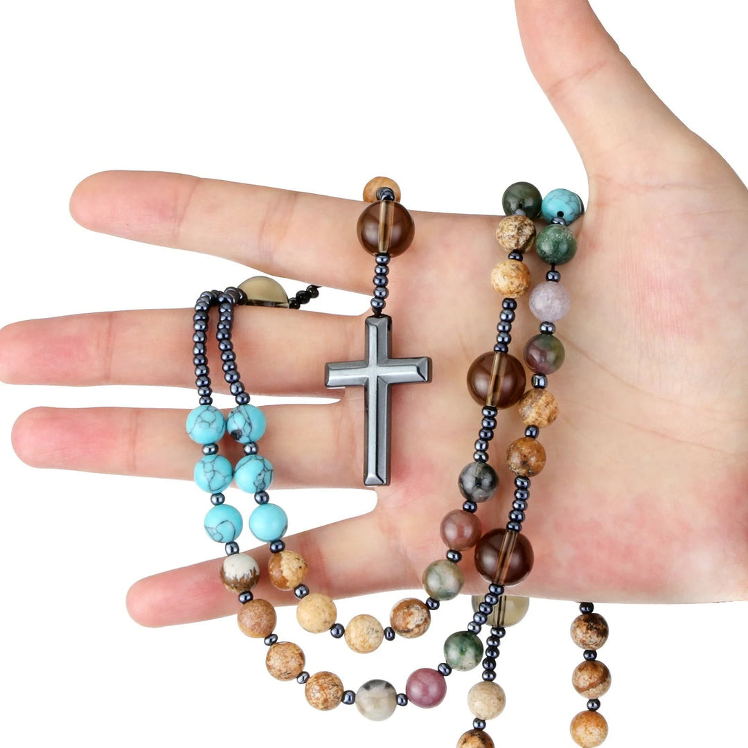 Croix d'hématite chrétienne religieuse à sept pierres - image 1
