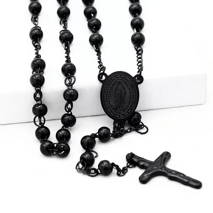 Chapelet en acier inoxydable à perles noires - Vierge Marie - image 0
