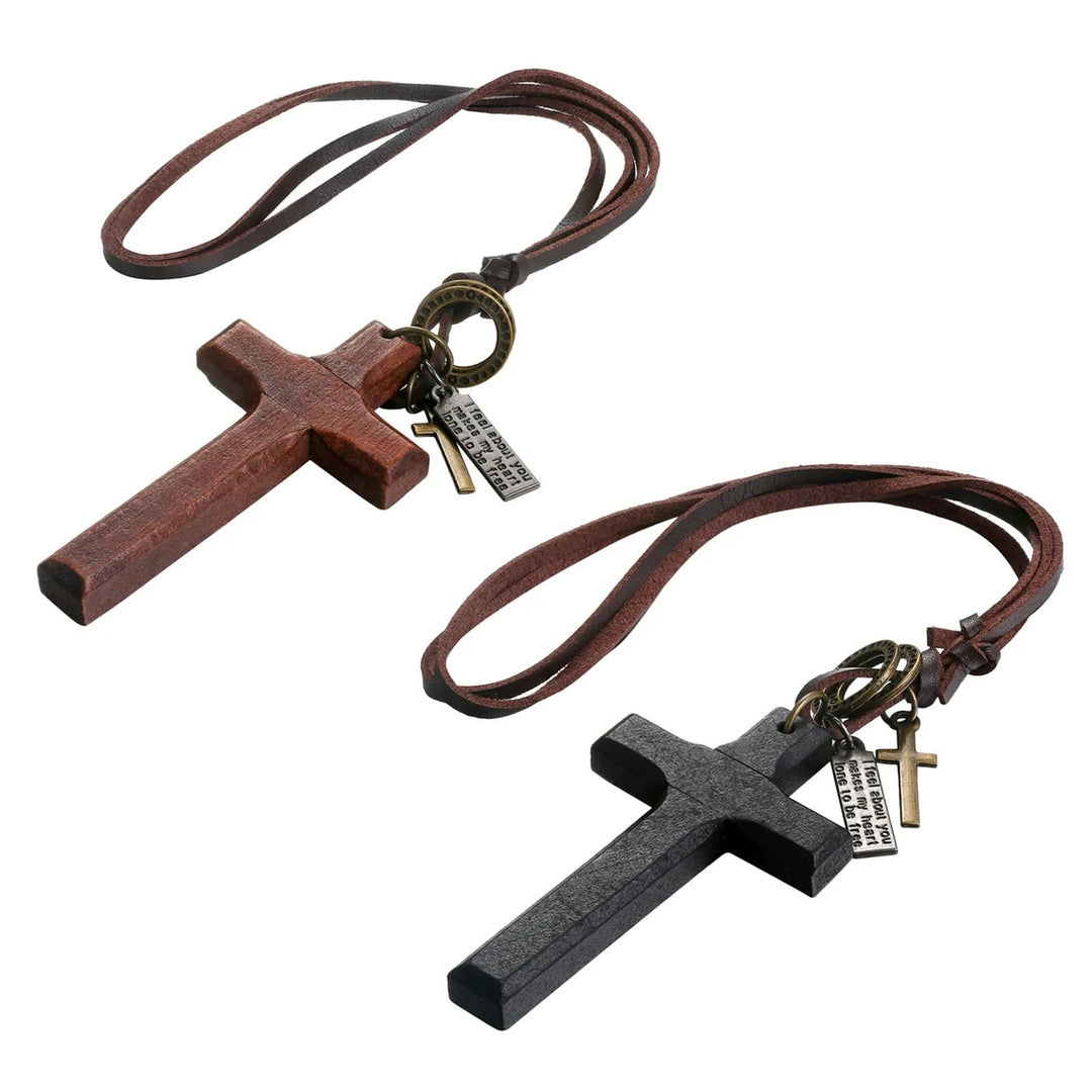 Christianartworkshop Collier vintage en bois avec croix et cuir ajustable - Café - image 0