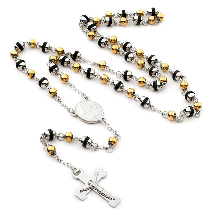 Chapelet pendentif croix en chaîne de perles en acier inoxydable - Perles argent-or - image 0