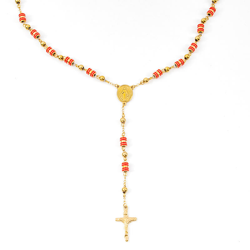 Chapelet en forme de croix avec anneau en caoutchouc rouge et perles dorées - image 3