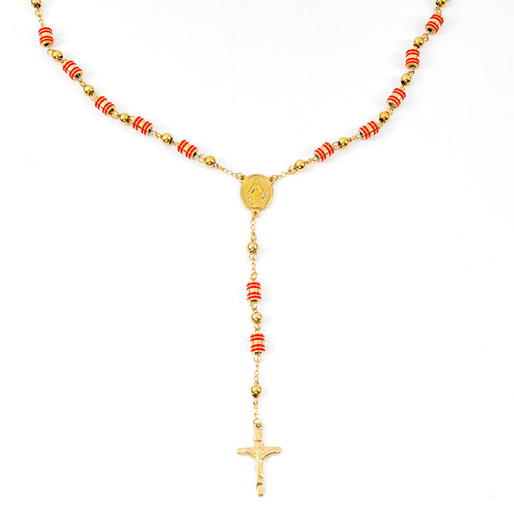 Chapelet en forme de croix avec anneau en caoutchouc rouge et perles dorées - image 3