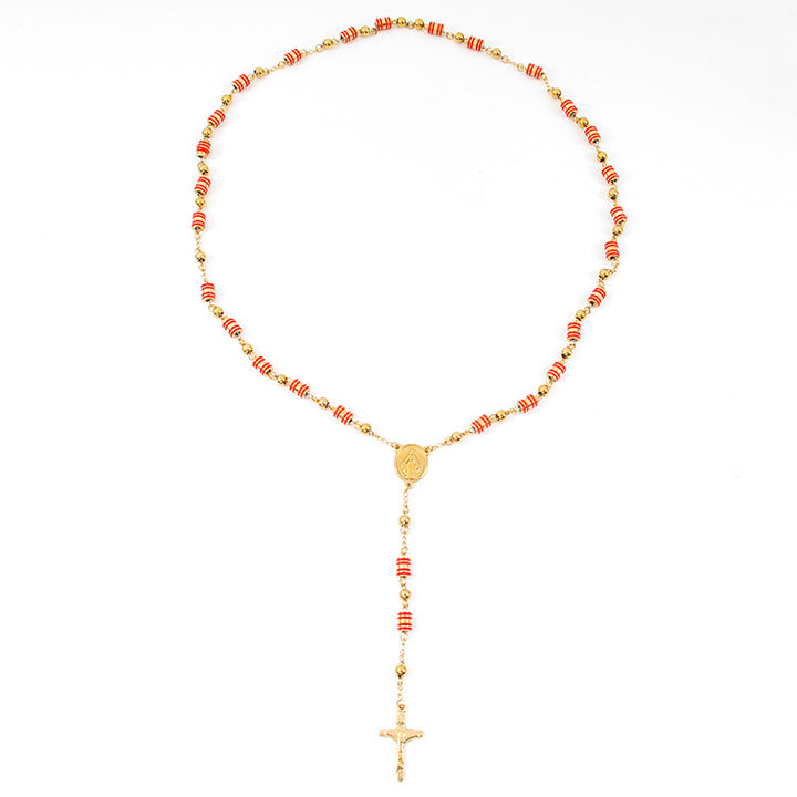 Chapelet en forme de croix avec anneau en caoutchouc rouge et perles dorées - image 4