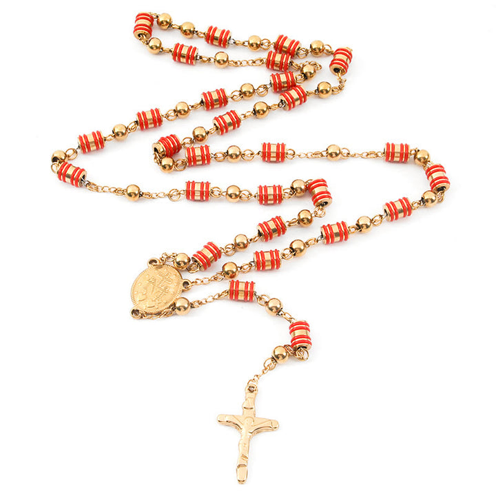 Chapelet en forme de croix avec anneau en caoutchouc rouge et perles dorées - image 1