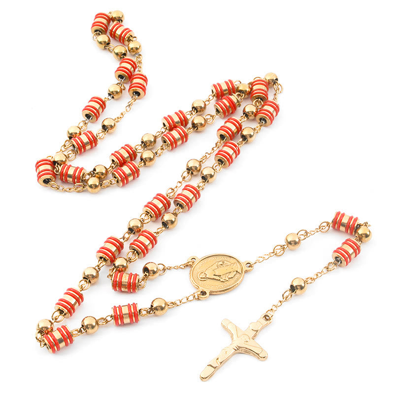 Chapelet en forme de croix avec anneau en caoutchouc rouge et perles dorées - image 2