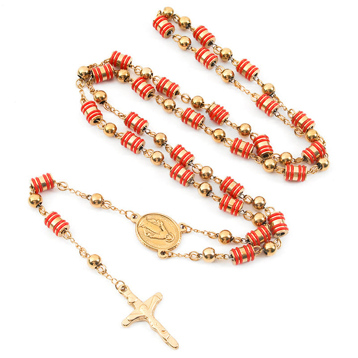 Chapelet en forme de croix avec anneau en caoutchouc rouge et perles dorées - Rouge - image 0