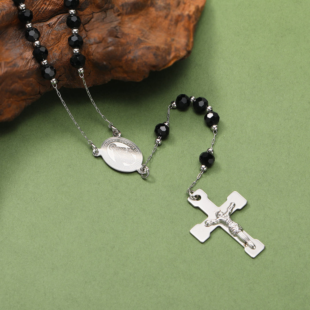 Chapelet en acier inoxydable et perles de cristal avec crucifix - Cristal-Noir - image 9