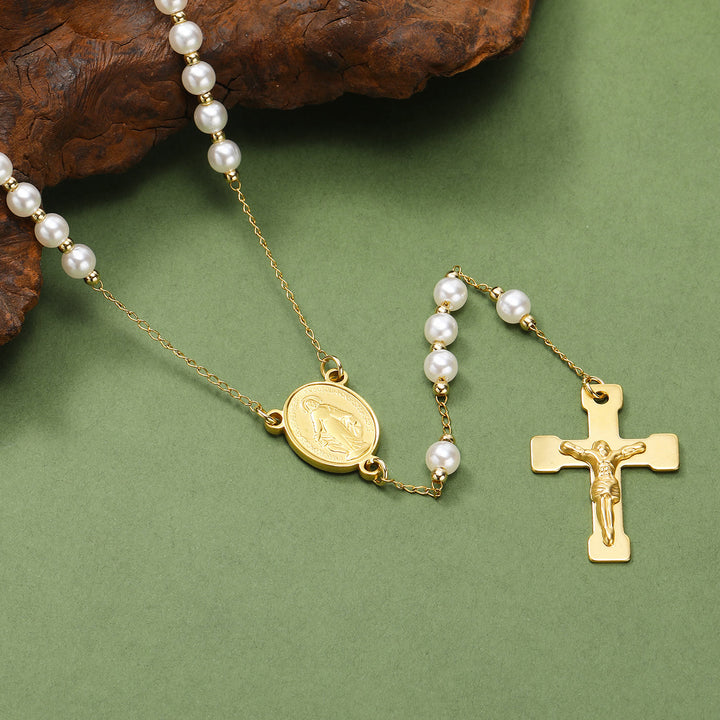 Chapelet en acier inoxydable et perles de cristal avec crucifix - Blanc nacré - image 10