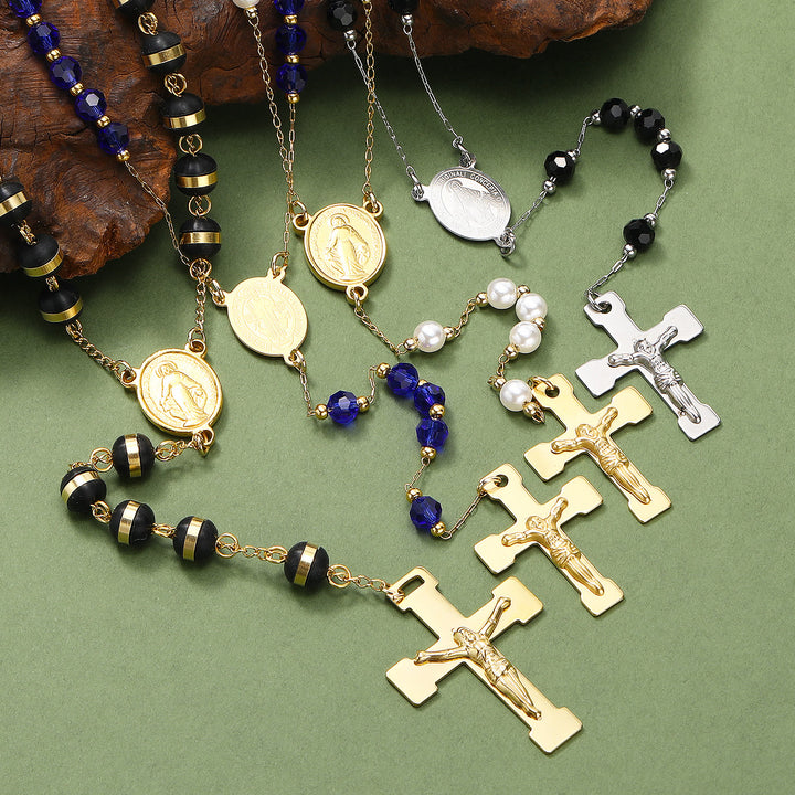 Chapelet en acier inoxydable et perles de cristal avec crucifix - Acier inoxydable noir - image 0