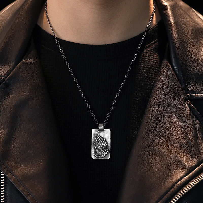 Christianartworkshop Collier rétro avec médaille argentée et mains jointes en prière, symbole de la foi - image 1