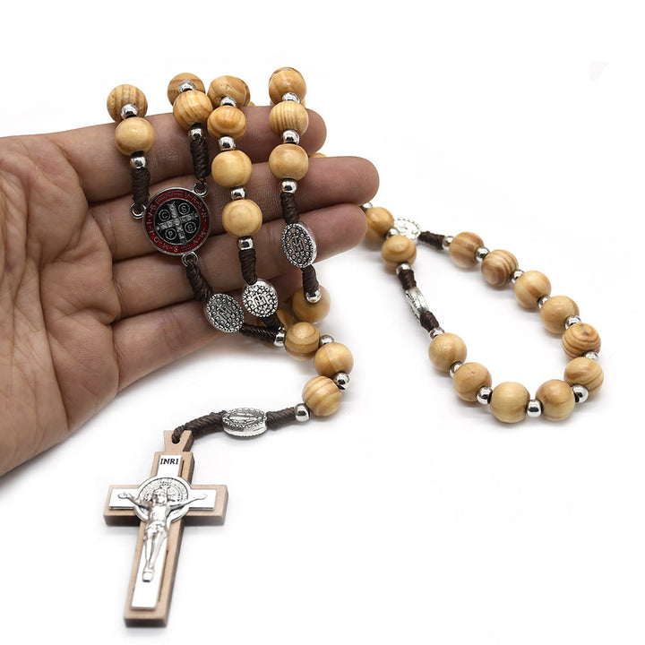 Crucifix catholique Jésus Saint Benoît Chapelet en bois de pin tressé - image 2