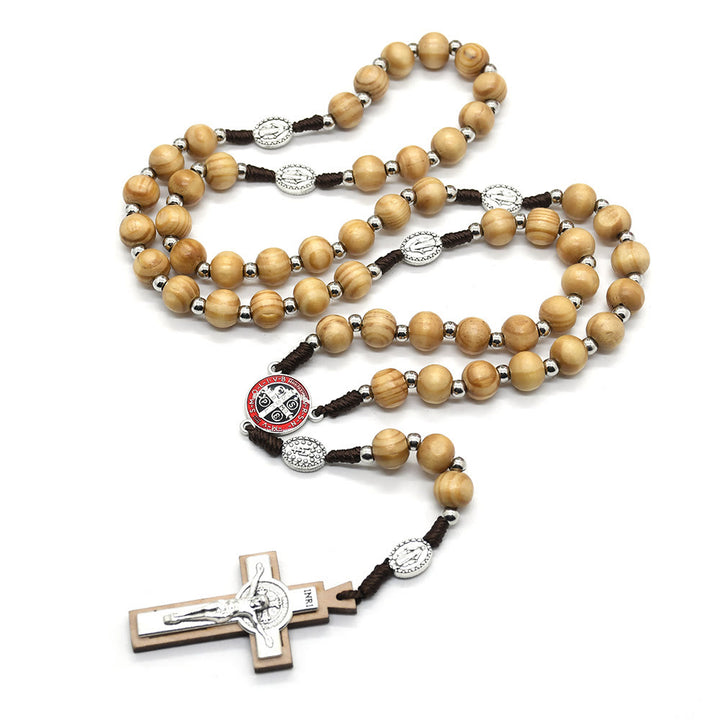 Crucifix catholique Jésus Saint Benoît Chapelet en bois de pin tressé - Brun - image 0