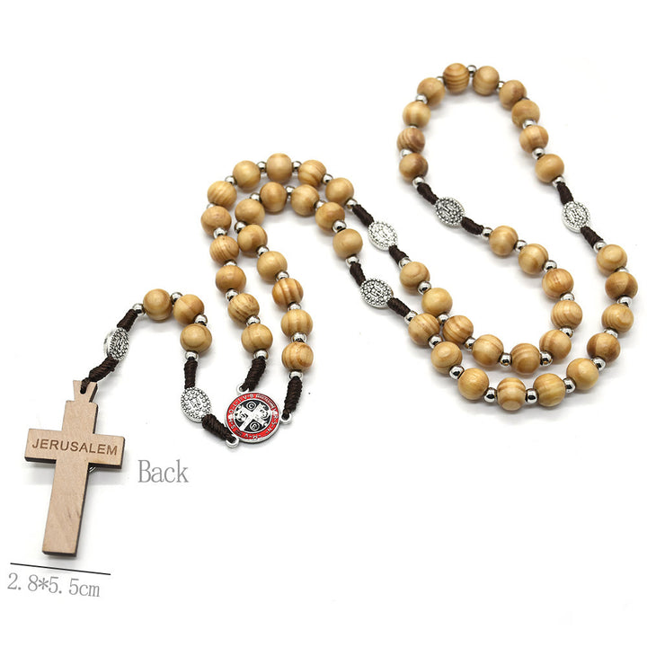 Crucifix catholique Jésus Saint Benoît Chapelet en bois de pin tressé - image 1