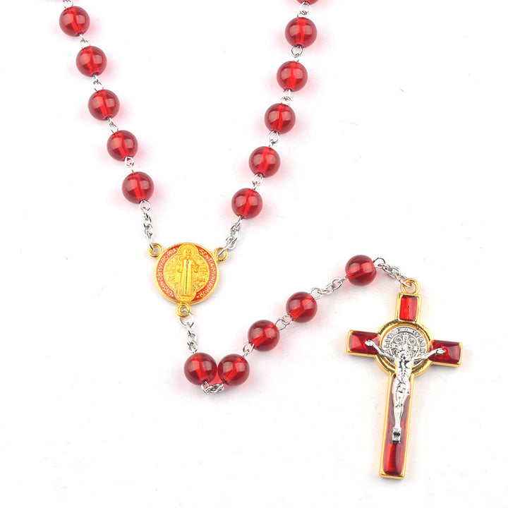 Centre de table catholique Saint Benoît, chapelet en perles de verre rouges et croix - image 1