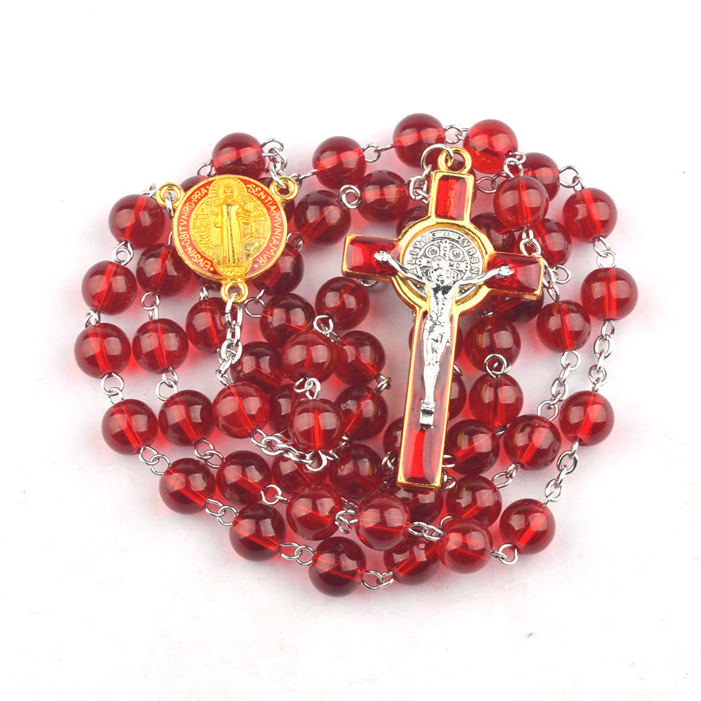Centre de table catholique Saint Benoît, chapelet en perles de verre rouges et croix - Rouge - image 0