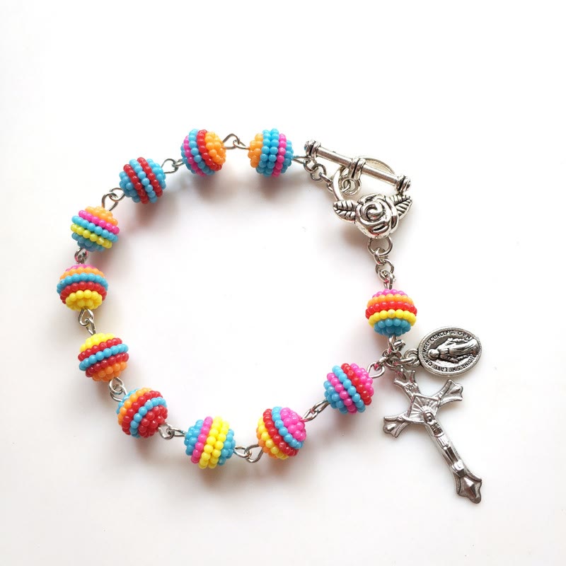 Bracelet religieux en perles arc-en-ciel Jésus et Marie, atelier d'art chrétien - Perles arc-en-ciel (circonférence 20 cm) - image 0