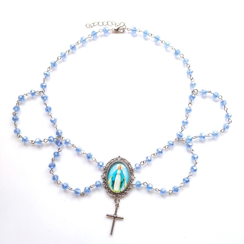 Christianartworkshop Pendentif en verre à l'effigie de la Vierge Marie, cristal bleu, chaîne clavicule - Pendentif bleu miraculeux - image 0