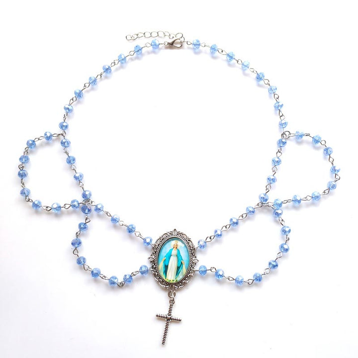Christianartworkshop Pendentif en verre à l'effigie de la Vierge Marie, cristal bleu, chaîne clavicule - Pendentif bleu miraculeux - image 0