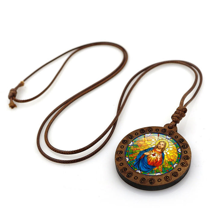 Christianartworkshop Collier pendentif en bois avec pierre précieuse et pendentif Sacré-Cœur de Jésus - image 1