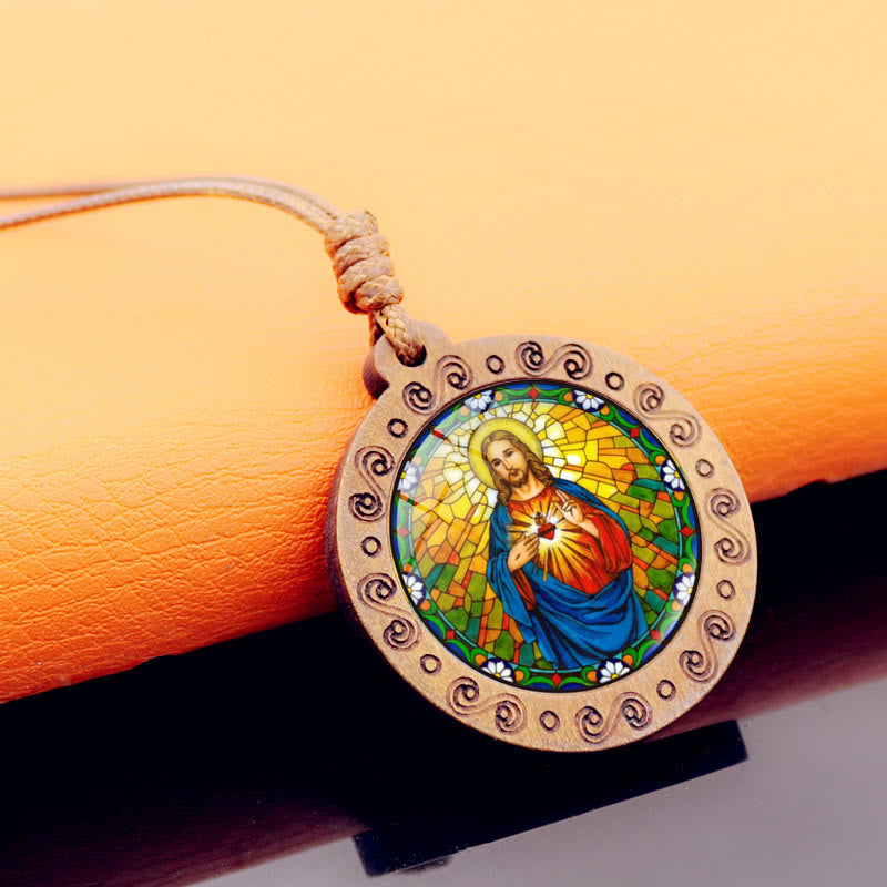 Christianartworkshop Collier pendentif en bois avec pierre précieuse et pendentif Sacré-Cœur de Jésus - Cœur Sacré de Jésus - image 0