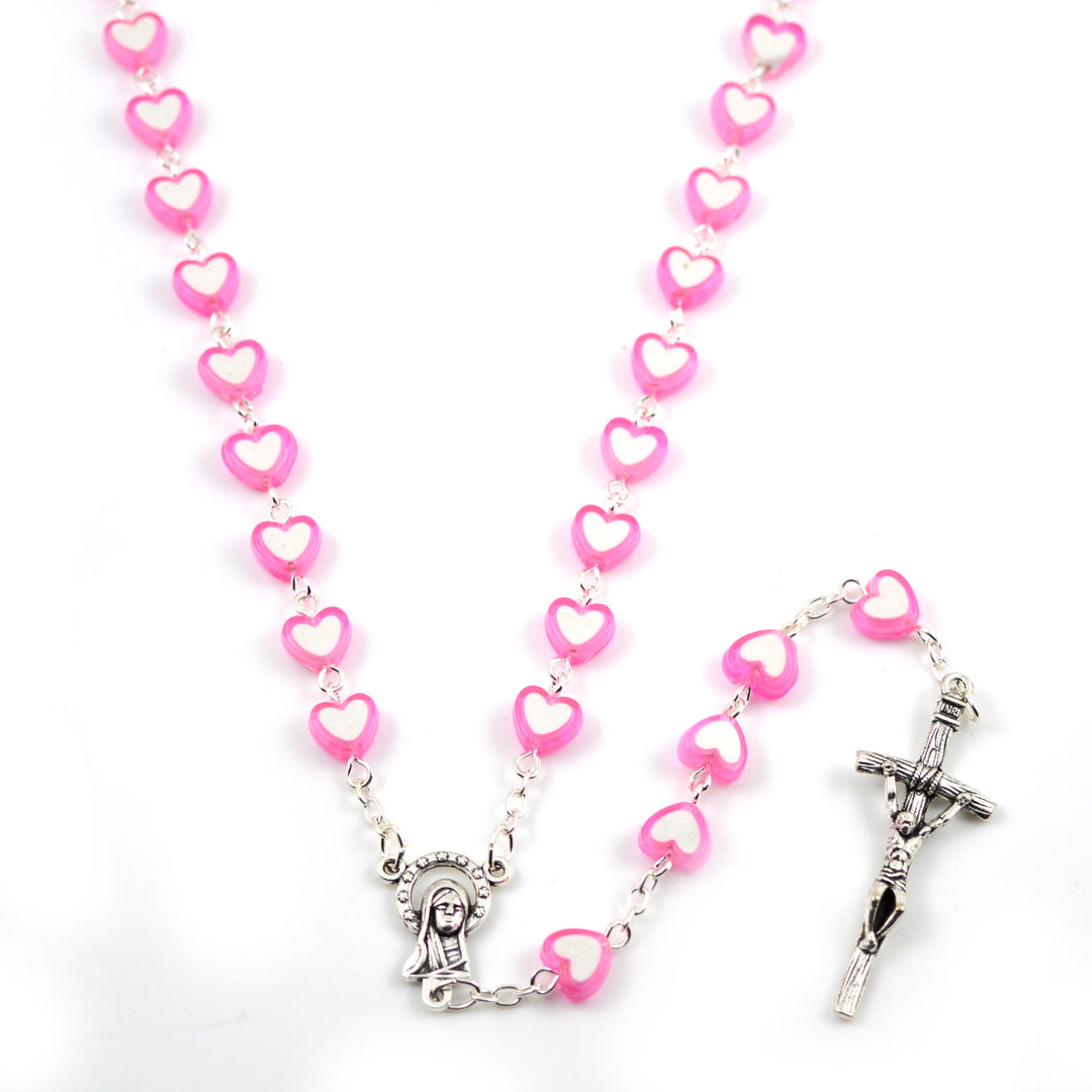 Chapelet en forme de cœur avec croix de Jésus colorée - Rose - image 4
