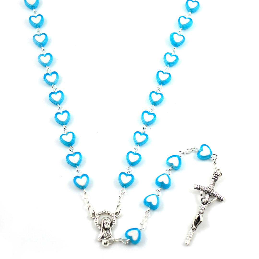 Chapelet en forme de cœur avec croix de Jésus colorée - Bleu - image 3