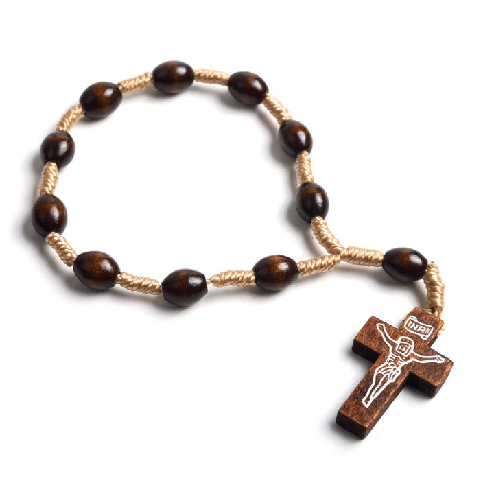 Mini chapelet de baptême en bois massif avec croix - Café - image 0