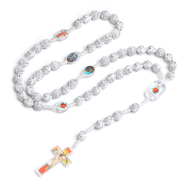 Chapelet de prière du Christ en perles blanches argentées en forme de rose - Blanc - image 0
