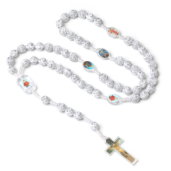 Chapelet de prière du Christ en perles blanches argentées en forme de rose - image 1
