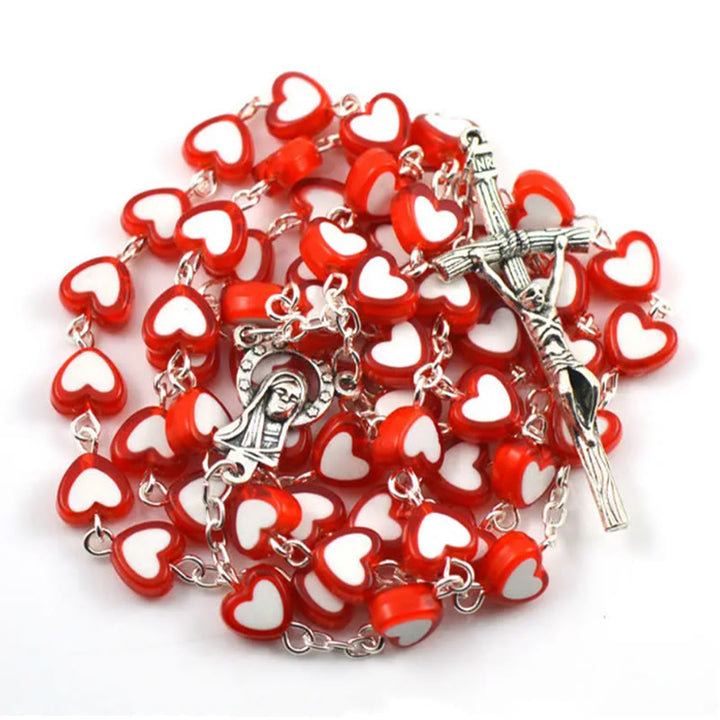 Chapelet en forme de cœur avec croix de Jésus colorée - Rouge - image 0