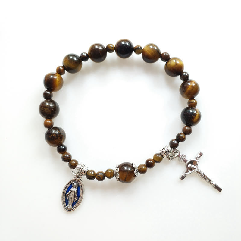 Bracelet chapelet en perles œil de tigre avec croix de Jésus et médaille miraculeuse, signé Christianartworkshop - image 2