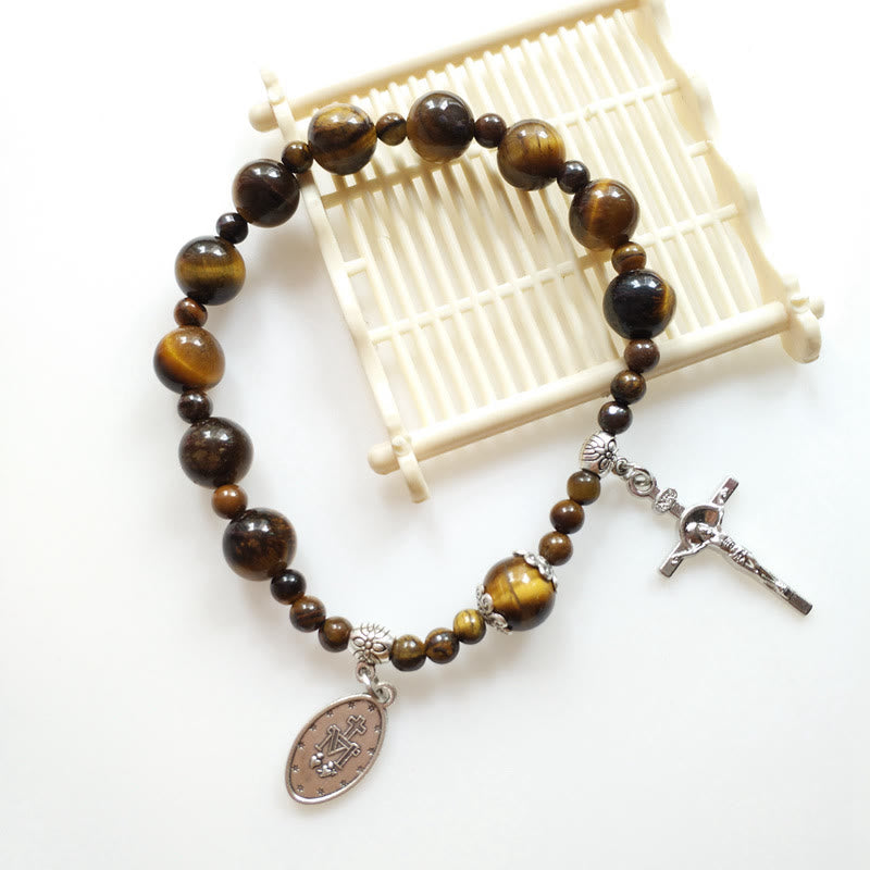 Bracelet chapelet en perles œil de tigre avec croix de Jésus et médaille miraculeuse, signé Christianartworkshop - image 1