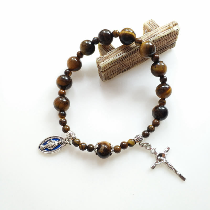 Bracelet chapelet en perles œil de tigre avec croix de Jésus et médaille miraculeuse, signé Christianartworkshop - Brun - image 0
