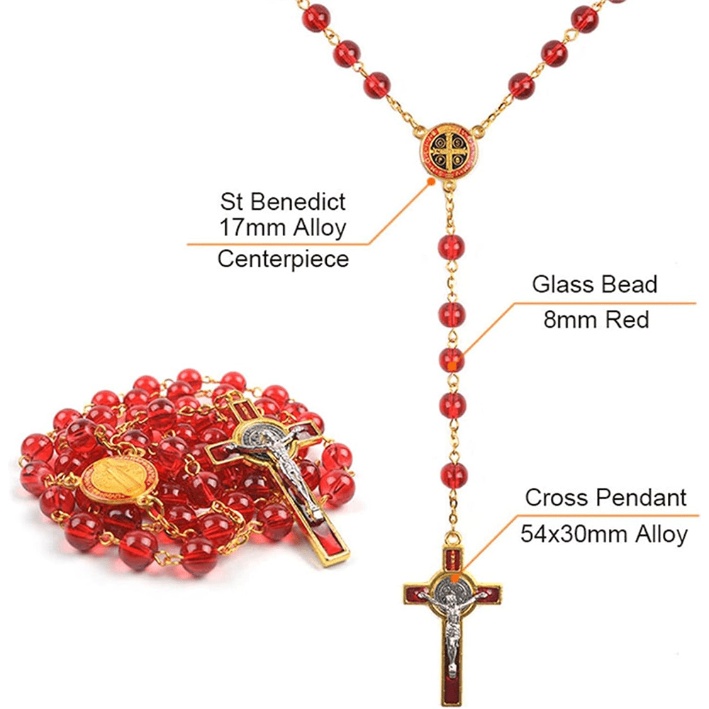 Centre de table catholique Saint Benoît, chapelet en perles de verre rouges et croix - image 2