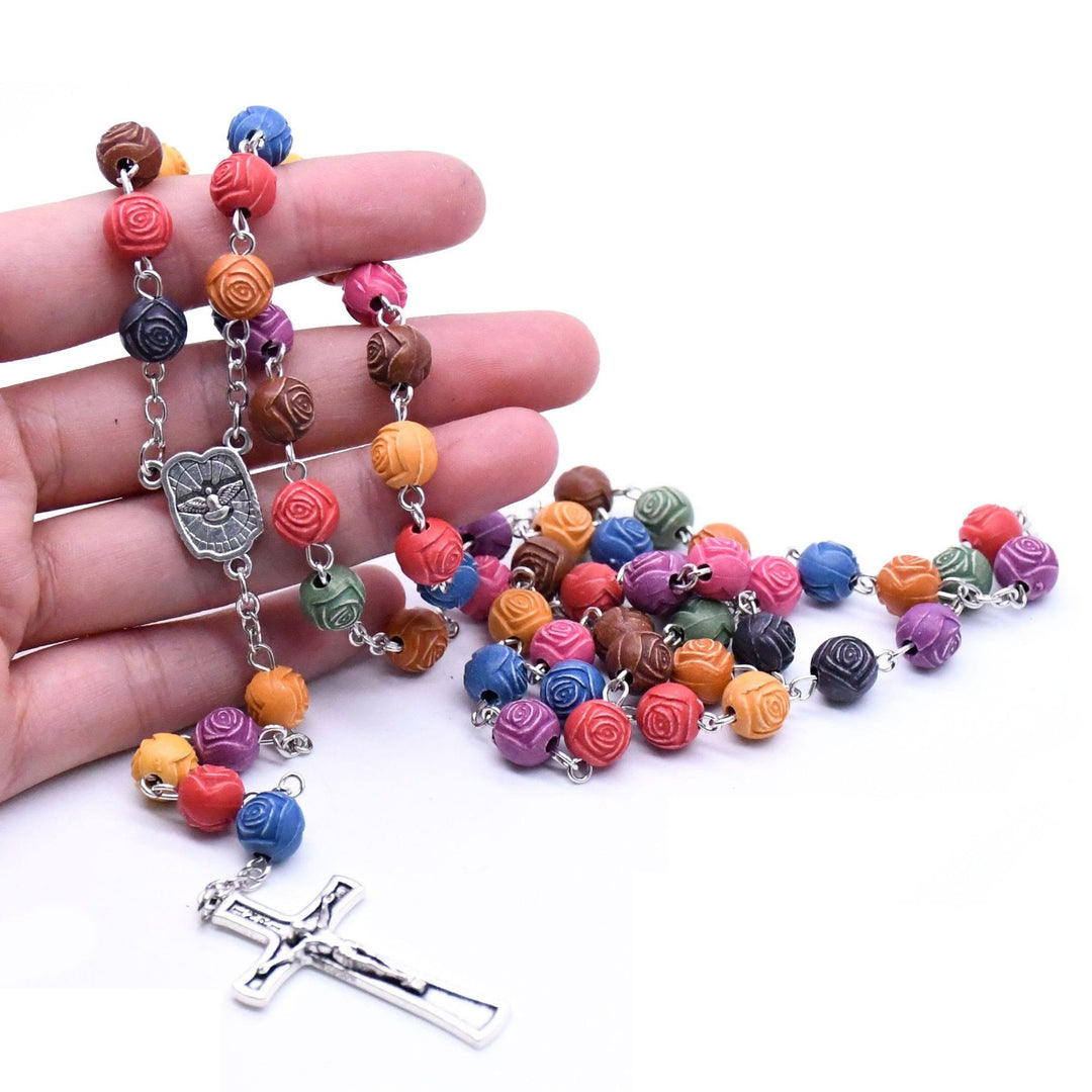 Chapelet de la Sainte Famille, croix de Jésus, perles roses - image 1