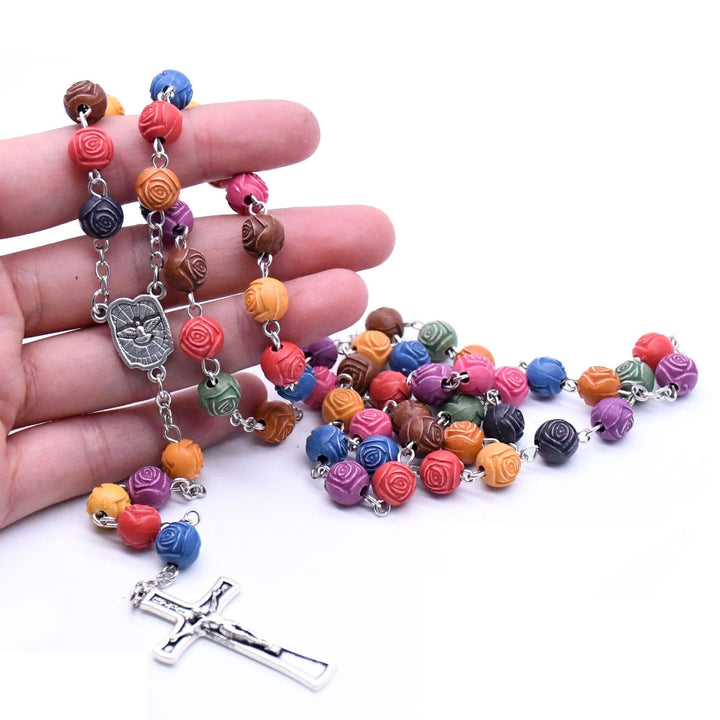 Chapelet de la Sainte Famille, croix de Jésus, perles roses - image 1