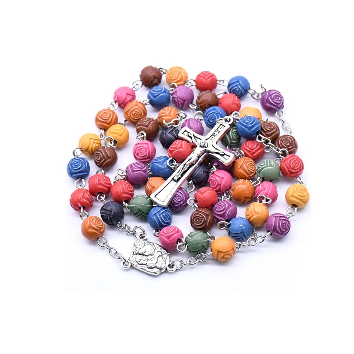 Chapelet de la Sainte Famille, croix de Jésus, perles roses - Perles roses colorées - image 0