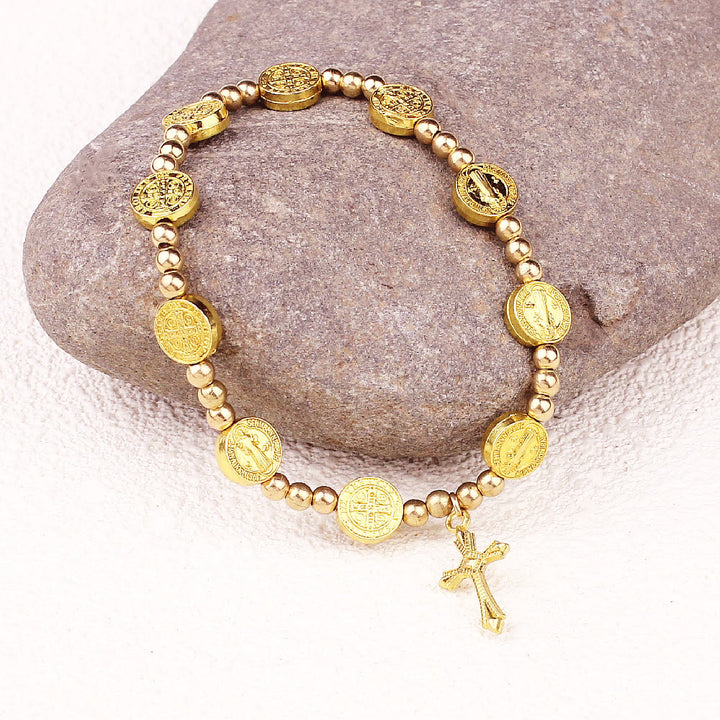 Bracelet extensible croix Saint-Benoît doré de Christianartworkshop - Doré - image 0