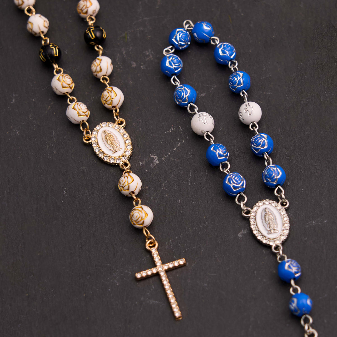 Bracelet chapelet en perles de rose et croix Notre-Dame de Guadalupe - image 1