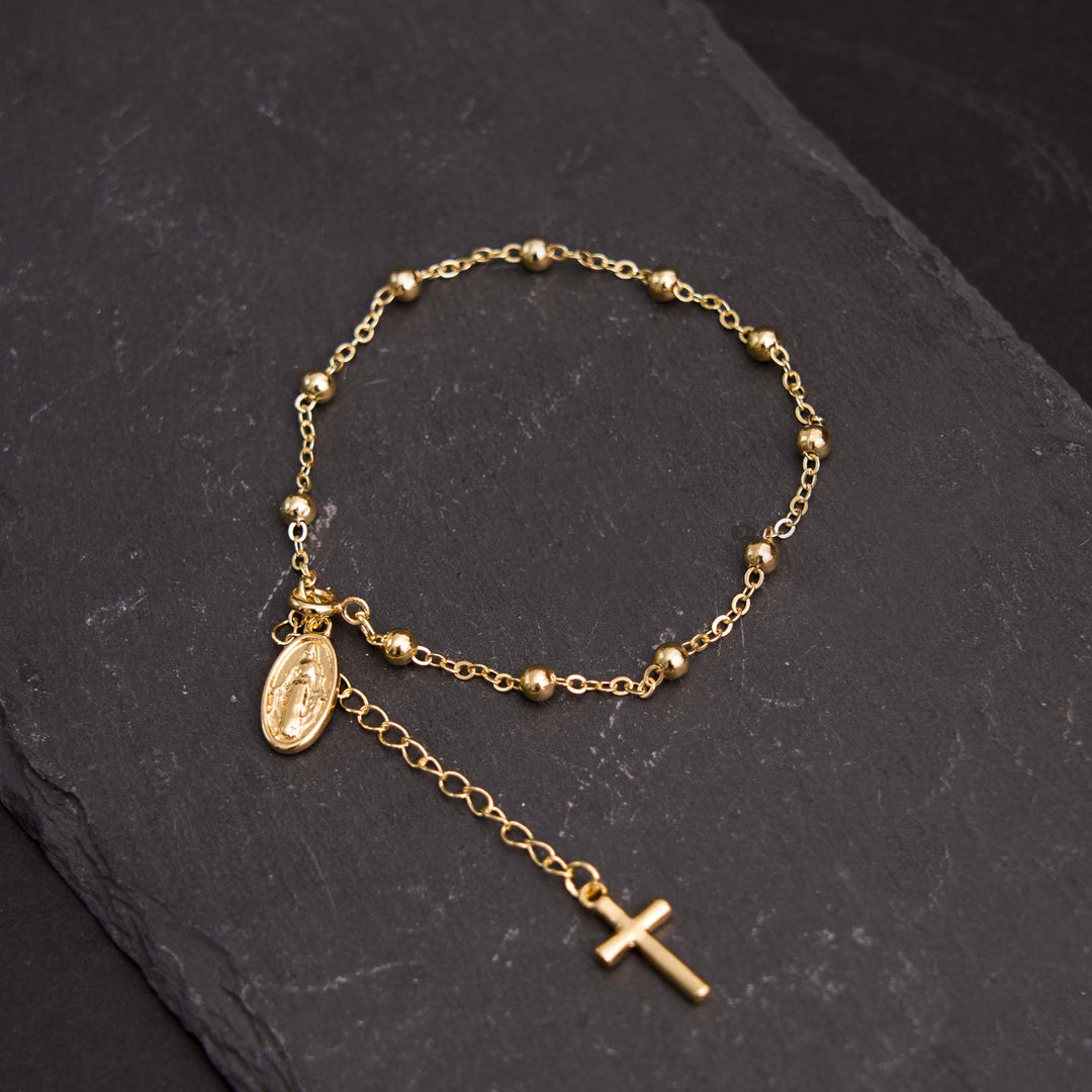 Bracelet simple et décontracté ajustable avec médaille et croix de la Vierge Marie, réalisé par Christianartworkshop - Doré - image 5