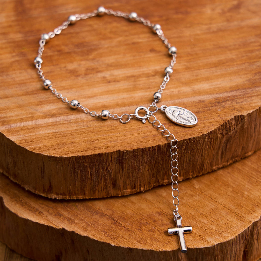 Bracelet simple et décontracté ajustable avec médaille et croix de la Vierge Marie, réalisé par Christianartworkshop - Argent - image 0