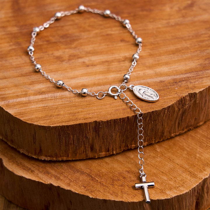 Bracelet simple et décontracté ajustable avec médaille et croix de la Vierge Marie, réalisé par Christianartworkshop - Argent - image 0