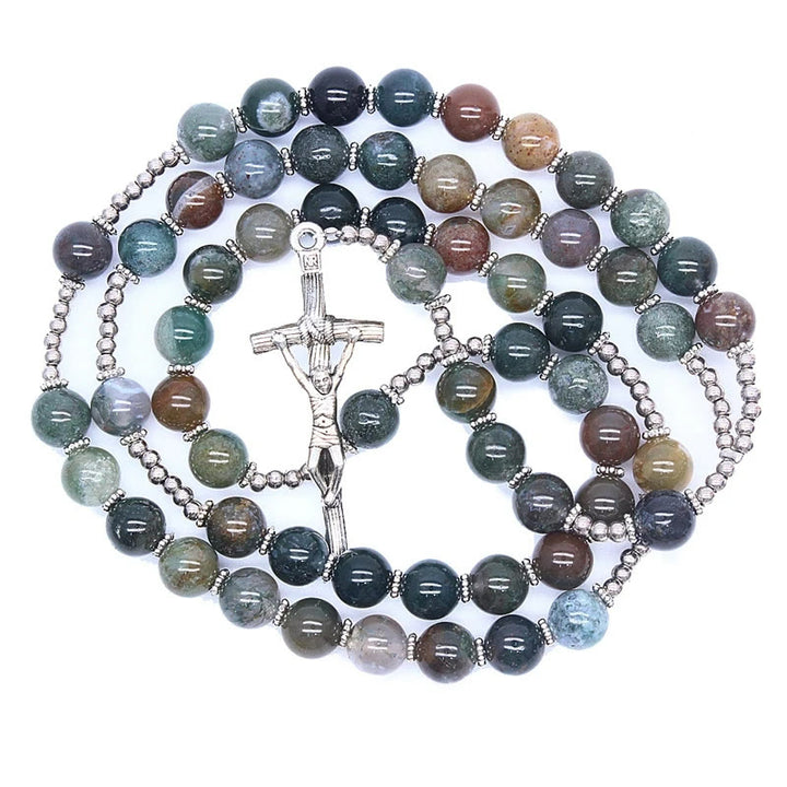 Croix de Jésus en agate naturelle, chapelet de prière, Christ - Agate multicolore - image 0