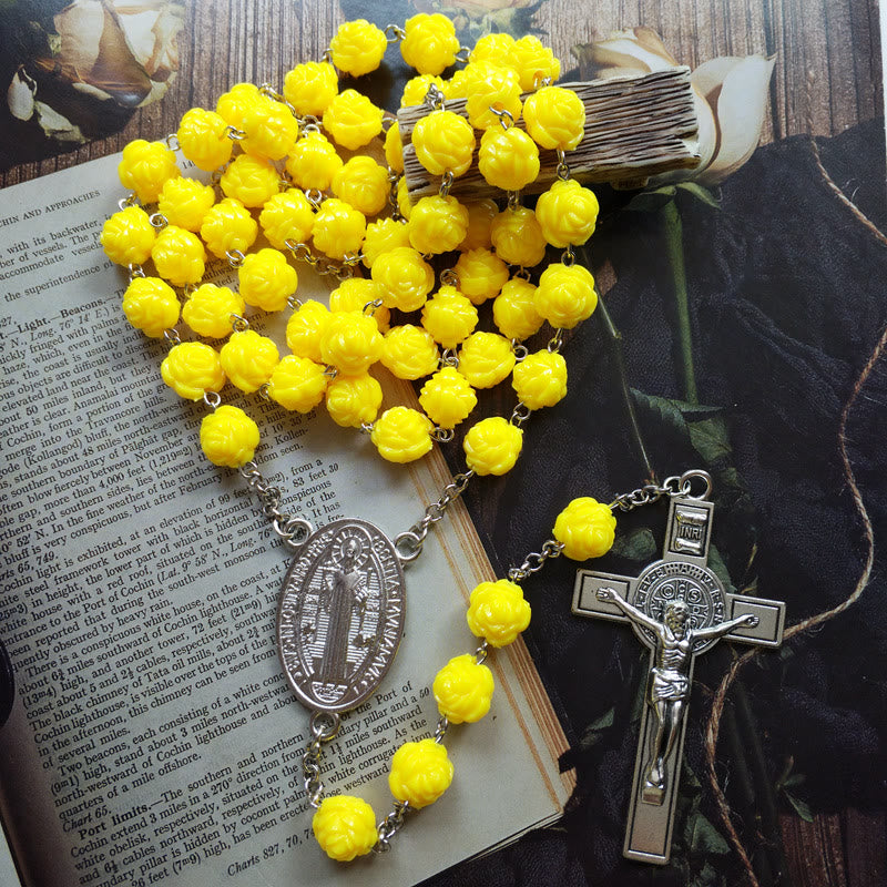 Chapelet de crucifixion en perles de roses jaunes - Jaune - image 0
