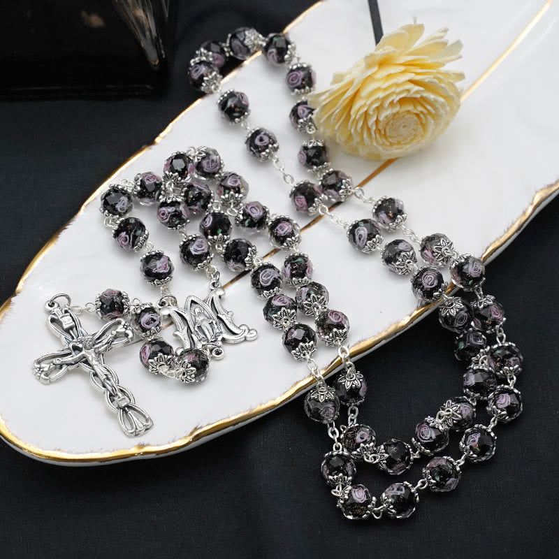 Christianartworkshop Chapelet en perles de cristal émaillé en forme de rose - Noir - image 9