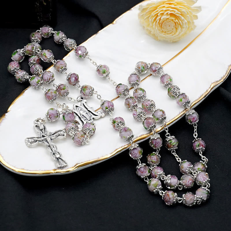 Christianartworkshop Chapelet en perles de cristal émaillé en forme de rose - Gris - image 10