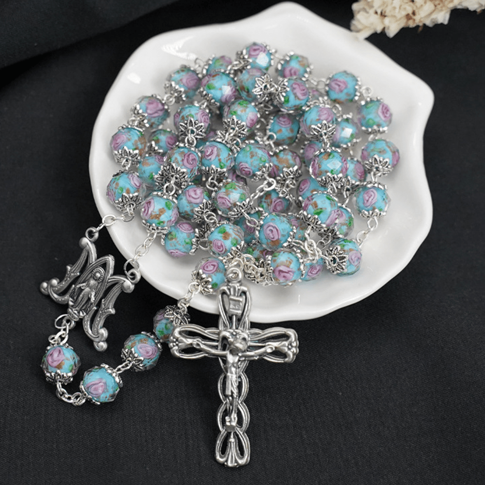 Christianartworkshop Chapelet en perles de cristal émaillé en forme de rose - Bleu ciel - image 0